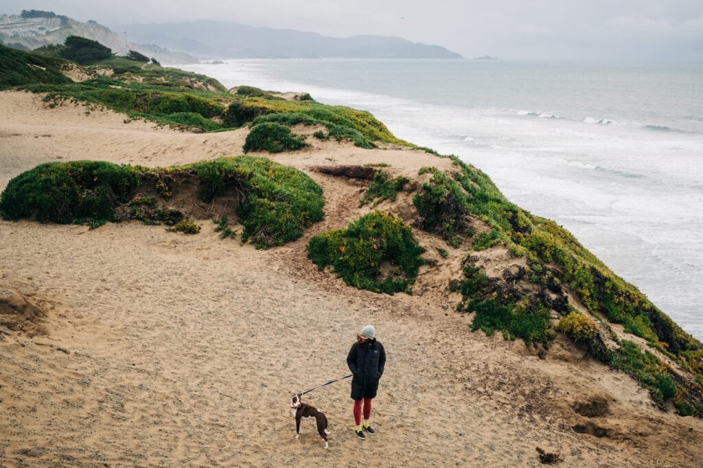 Woman walks leashed dog atop sand dunes.