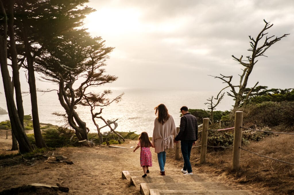 Family walks holding hands through cypress forest towards Pacific ocean sunset.