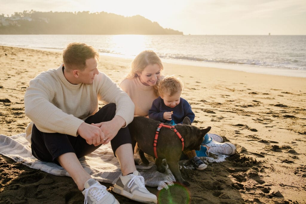 Parents and young son smile at pet dog while sitting on a beach blanket in front of the sunset.