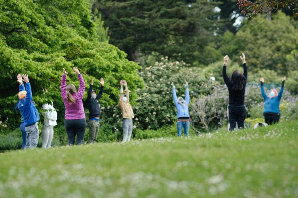 Meditation circle stretches to the sky on lawn in front of forest