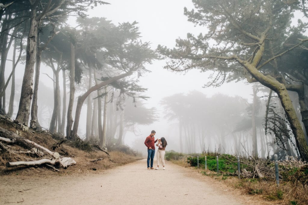 Family of three on a path under a cypress forest in the fog.