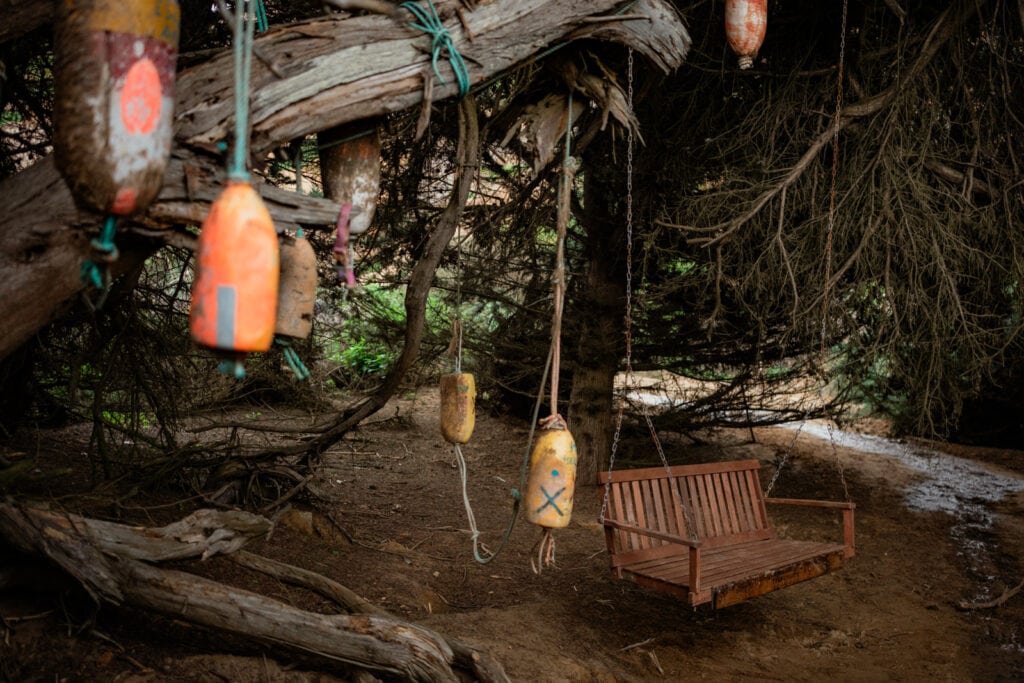 Tree swing in shady nook with colorful fishing buoys hanging.